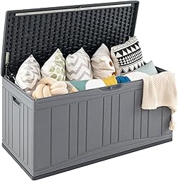 COSTWAY Baule da Esterno 300L Impermeabile in Resina, Cassapanca Contenitore da Esterno con Pistoni a Gas, Predisposizione per Serratura e 2 Maniglie Laterali, Resistente, 114 x 55 x 61 cm (Grigio)