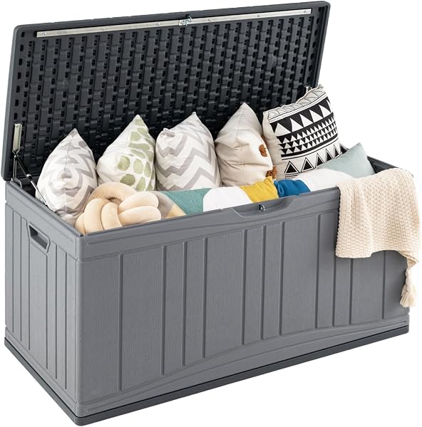 COSTWAY Baule da Esterno 300L Impermeabile in Resina, Cassapanca Contenitore da Esterno con Pistoni a Gas, Predisposizione per Serratura e 2 Maniglie Laterali, Resistente, 114 x 55 x 61 cm (Grigio) - 1