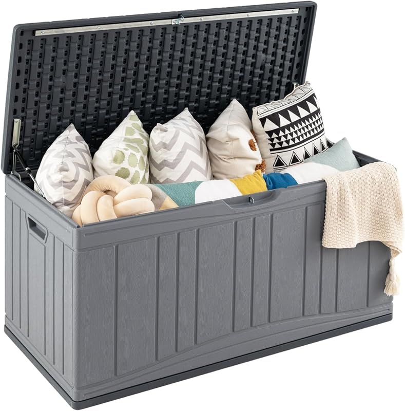 COSTWAY Baule da Esterno 300L Impermeabile in Resina, Cassapanca Contenitore da Esterno con Pistoni a Gas, Predisposizione per Serratura e 2 Maniglie Laterali, Resistente, 114 x 55 x 61 cm (Grigio)