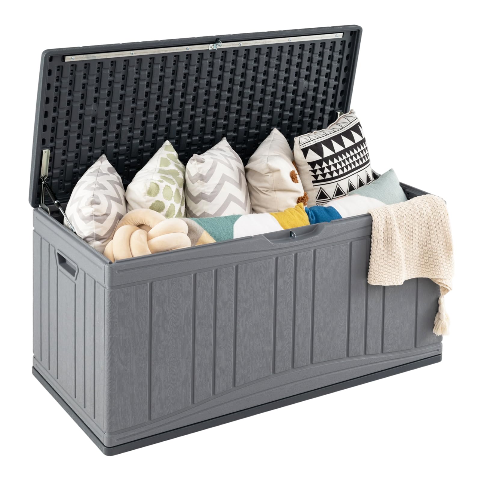 COSTWAY Baule da Esterno 300L Impermeabile in Resina, Cassapanca Contenitore da Esterno con Pistoni a Gas, Predisposizione per Serratura e 2 Maniglie Laterali, Resistente, 114 x 55 x 61 cm (Grigio)