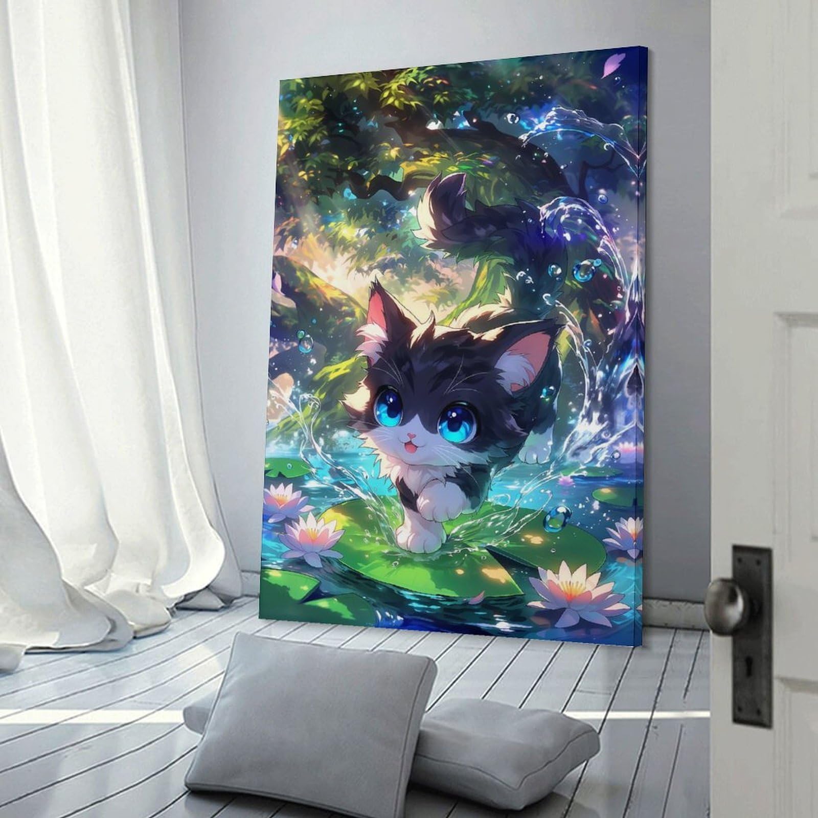 Junmoney Frame-Style-21 Hanging Wall Art Cute Kitten On Lily Pads, 24X36inch(60X90cm), For Gallery Wall Layouts In Home Or Office, An Easy Match For Collected Prints