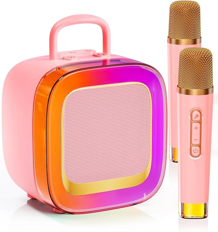 Kinglucky Karaoke Machine for Kids (Exclusive Edition) Girls Ages 3-12 with 2 Light-Up Microphones, Kid-Sized & Portable Bluetooth Speaker with Voice Effects for Birthday, Family Fun & Party (Pink)
