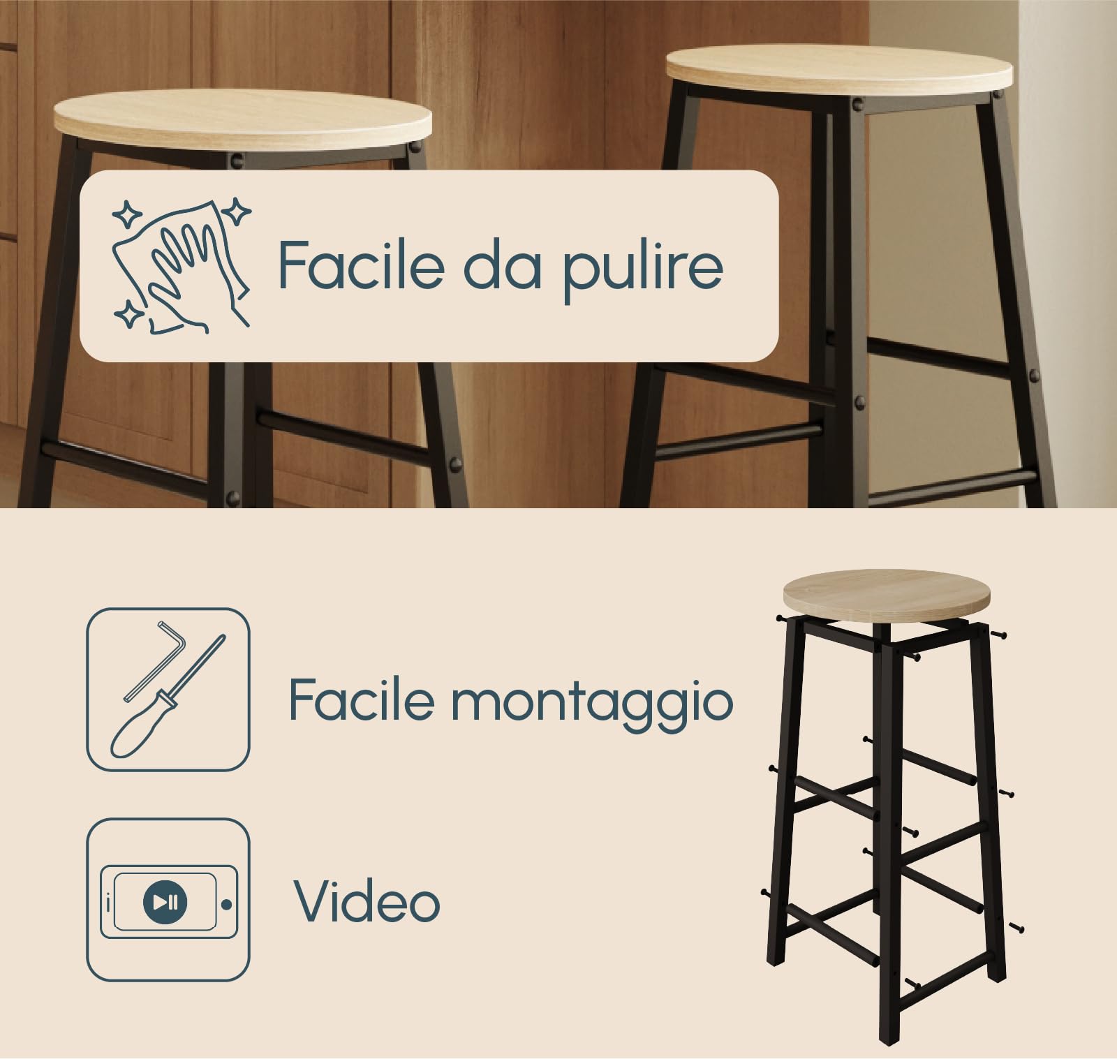 MB Muebles Bonitos, Set 2 Sgabelli Alti da Cucina Lucca, Sgabello da Bar, Moderni, Colore Nero, Struttura in Metallo, Altezza 71cm, per Cucina e Sala da Pranzo.