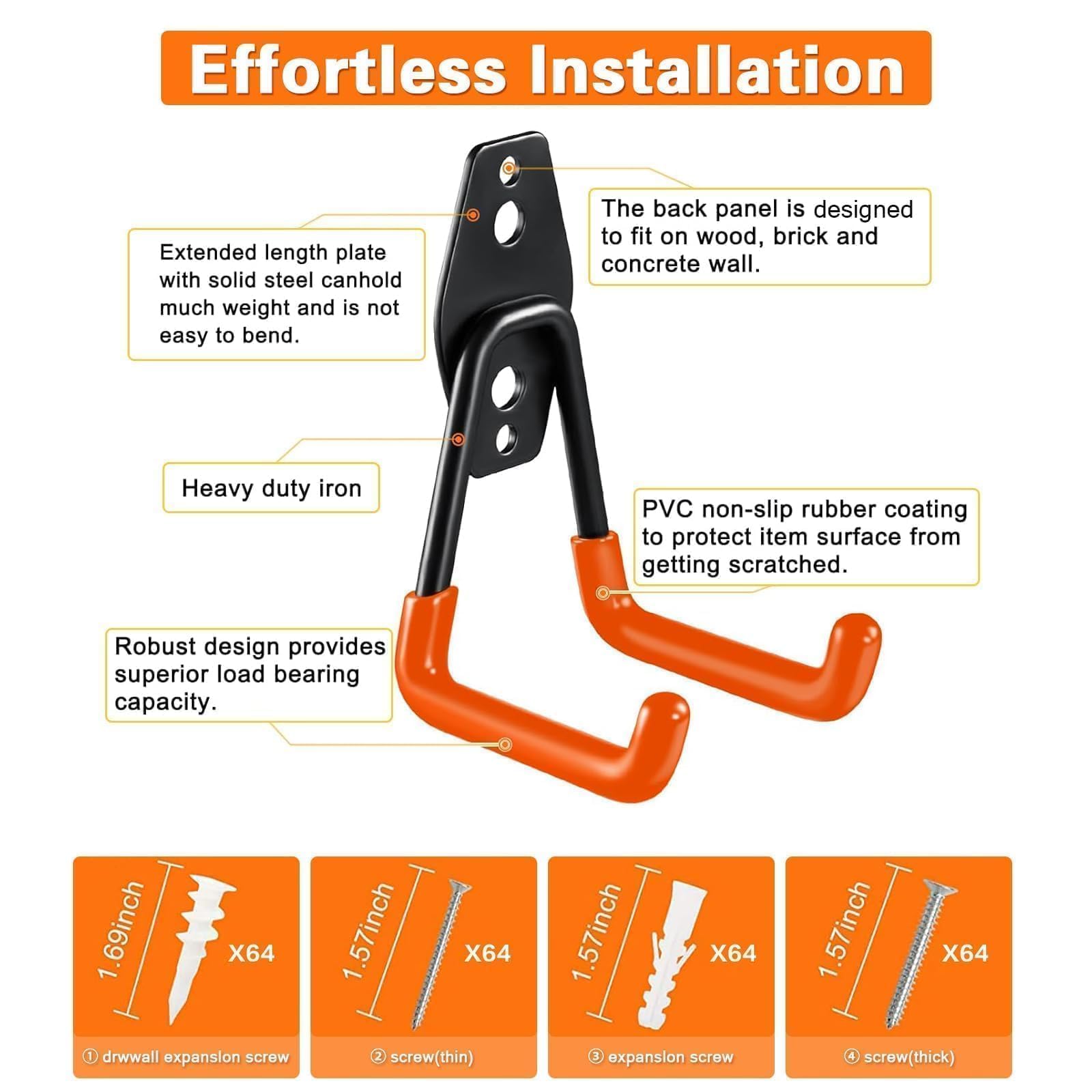 32 Pack Garage Hooks, Heavy Duty Steel Tool Hanger&Organizer for Wall Mount Storage, Ladders, Bikes, Power Tools, Utility Steel Garden Tool Organizer with Anti-Slip Coating (32pcs - Orange)