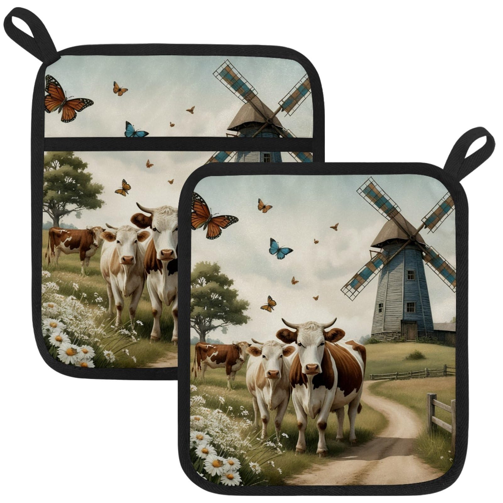 VAPOKF Farmhouse Cow Kitchen Hot Pot Holder, Pot Holders Heat Resistant Pot Holder with Pocket Heat Resistant Trivets for Hot Pans Cotton Pot Mitts for Kitchen Cooking Baking