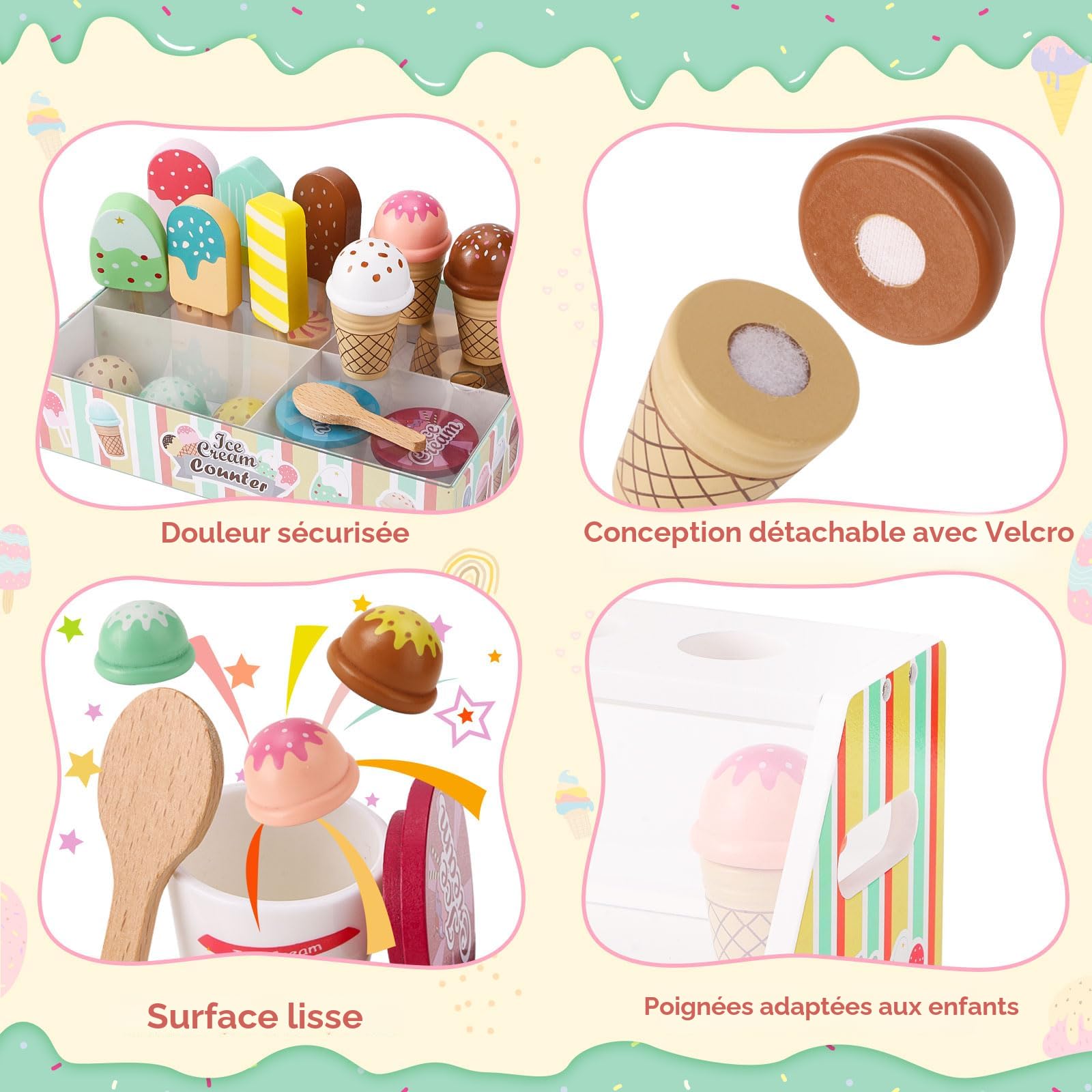 Bunblic Chariot de Crème Glacée en Bois Jouets Jeu de Rôle Jouets Alimentaires Interactifs Éducatifs Jeu Imaginatif pour Enfants Cadeaux d'Anniversaire pour Enfants