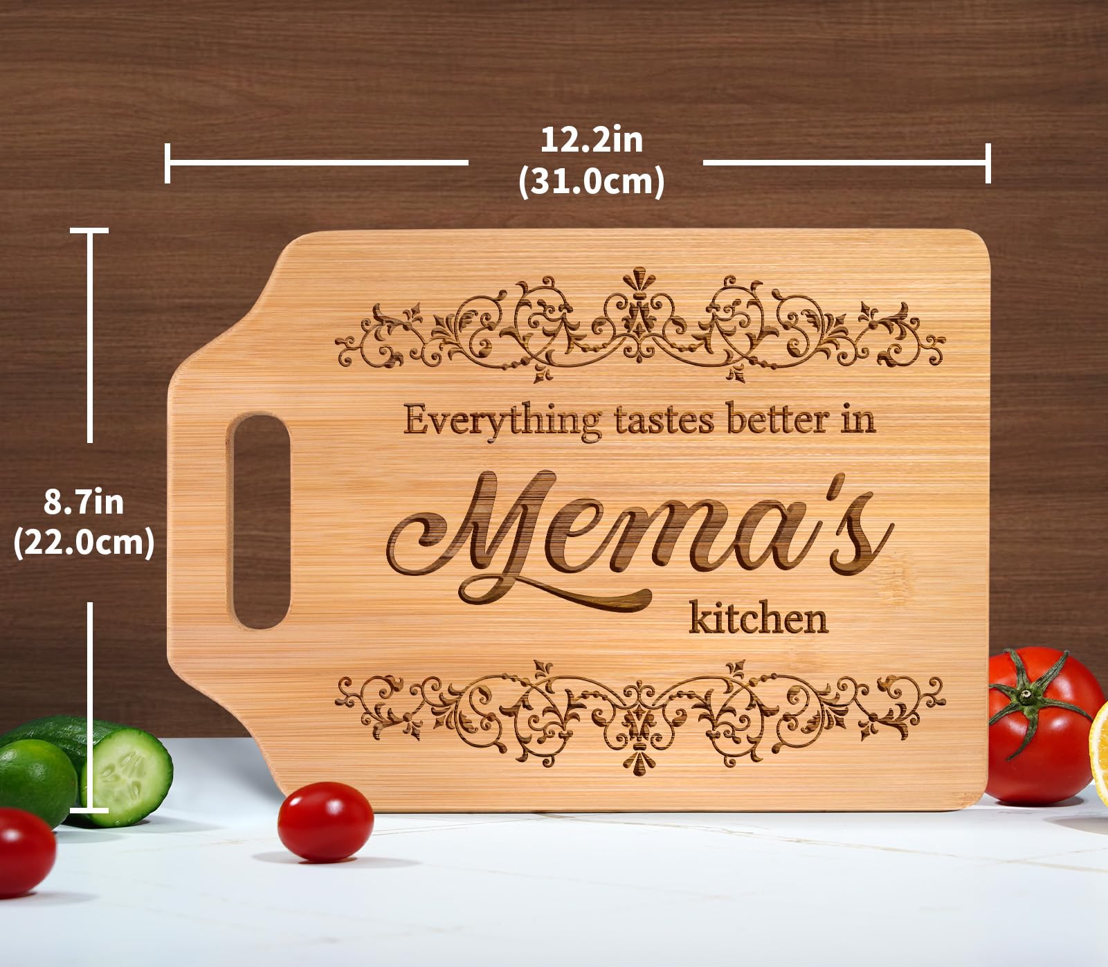 AceThrills Mema Gifts for Mema's Birthday Gifts - Engraved Bamboo Cutting Board 12.3"L × 8.7"W × 0.4"Th