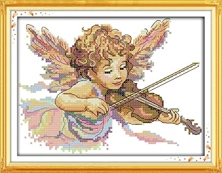 Cross Stitch Kits Stamped for Adults Beginner Kids, Angel Baby Plays The Violin 11CT 29×23cm DIY Embroidery Needlework Kit with Easy Funny Preprinted Patterns Needlepoint Christmas (Angel)