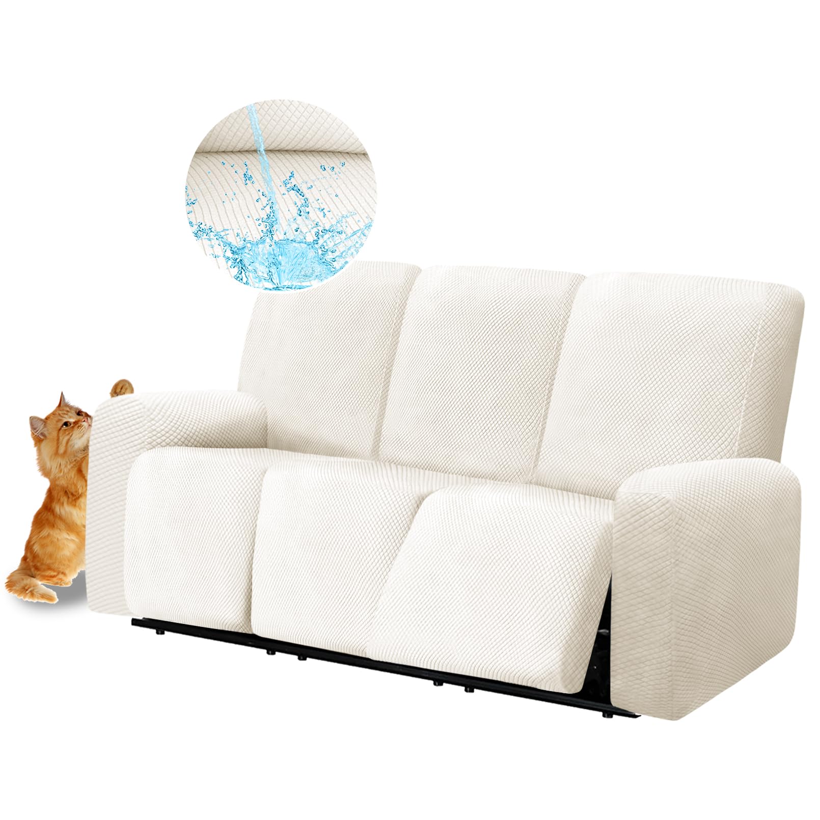 100% Waterproof Couch Covers for Reclining Couches 3 Seater Recliner Sofa Cover for 3 Cushion Couch 8-Piece Stretch Jacquard Fleece Anti Slip Sofa Slipcover Washable (3 Seat, Creamy White)
