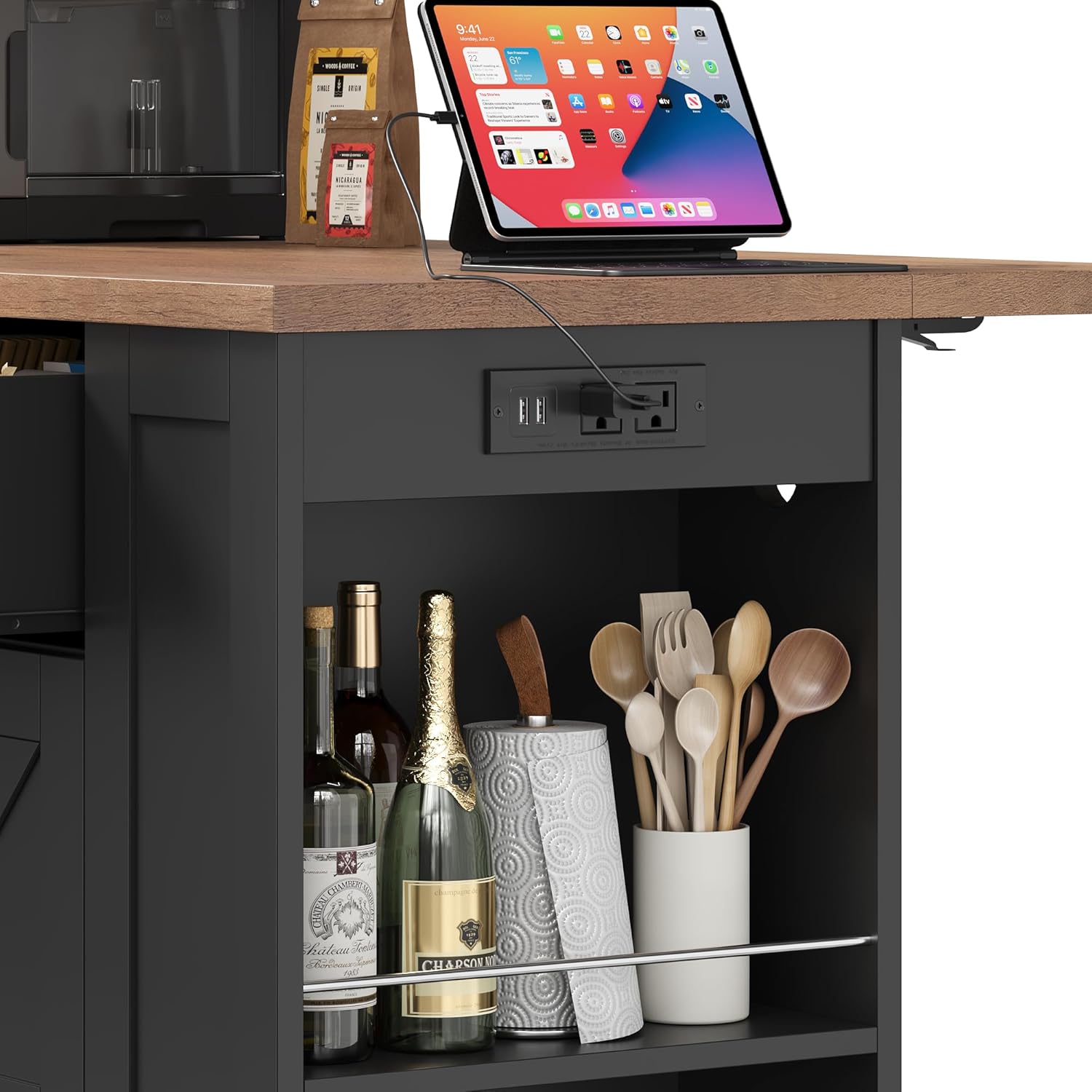 Keyluv Kitchen Storage Island with 2 Stools, 51” Mobile Kitchen Cart with Drop Leaf & Power Outlet, Rolling Island Table Dining Room Buffet with 2 Drawers & Side Storage Rack &Towel Rack, Black