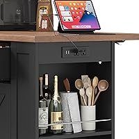 Vista 5 de Keyluv Isla de almacenamiento de cocina con 2 taburetes, carrito de cocina móvil de 51 pulgadas con hoja de caída y toma de corriente, mesa de isla