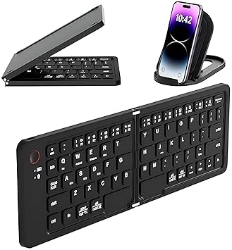 Foldable Mini Bluetooth Keyboard with Holder, Mini Pocket Sized, Rechargeable, Bluetooth Wireless, One Touch Connect Button, for iOS, Android and Windows Tabs, Smartphones, Black,1 pcs