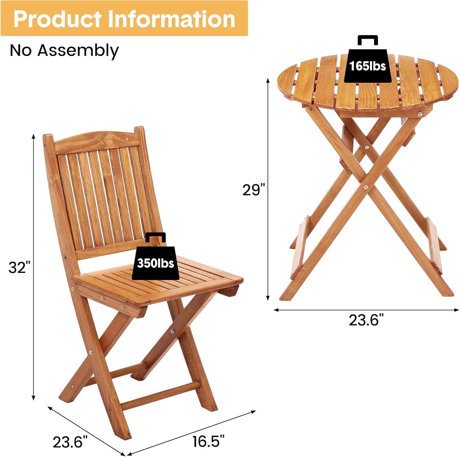 GarveeLife 3Pcs Patio Bistro Set, Wood Folding Table Set, Outdoor Furniture Round Table for Garden Yard, Casual Bistro Table and Chairs Set of 2 for Condominium Pool Front Porch Beach, Wood