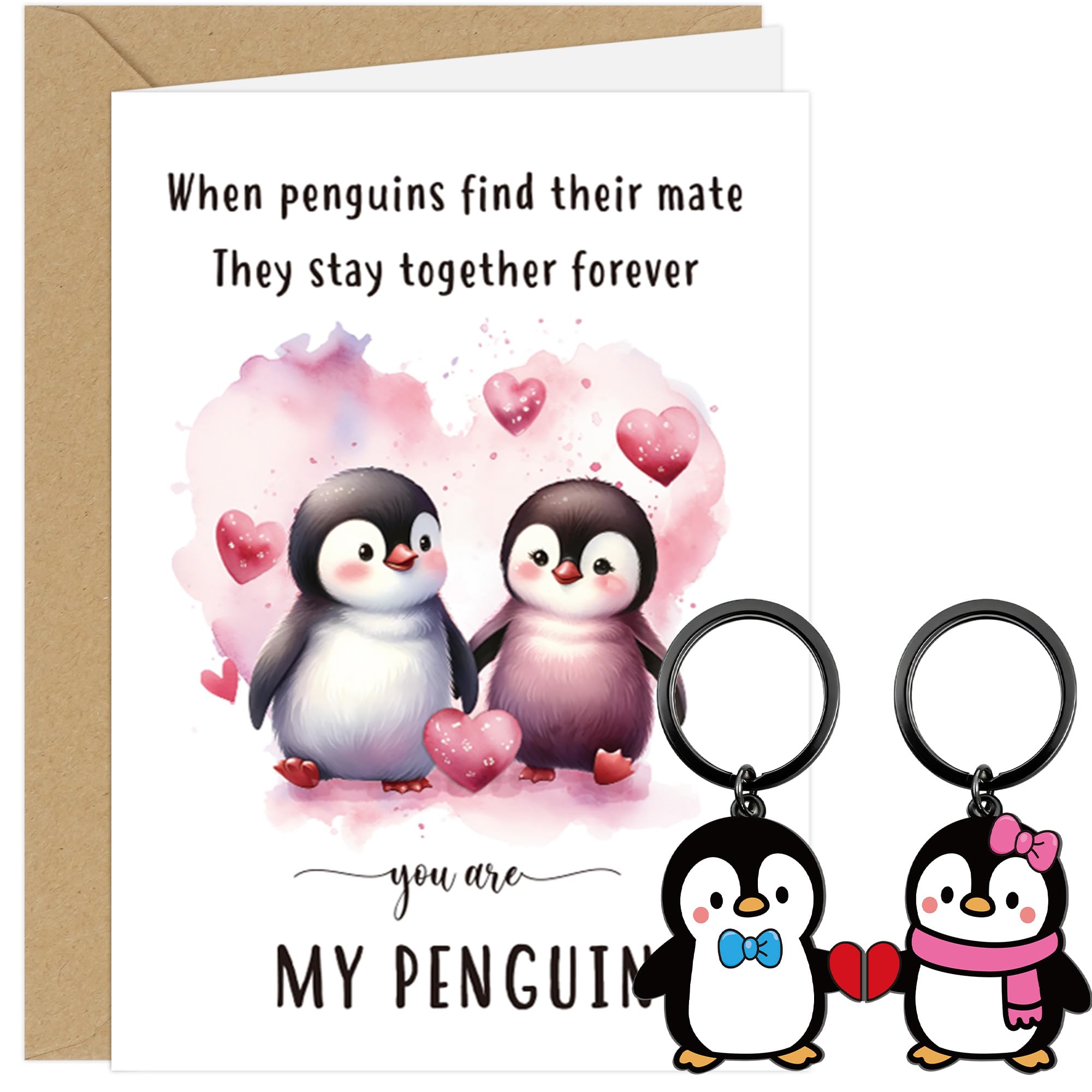 Penguin Anniversary Card, You Are My Penguin Greeting Card and 2pcs Keychains with Envelope and Pouch, Romantic Love Gift for Anniversary, Birthday, Valentines Gift for Him Her