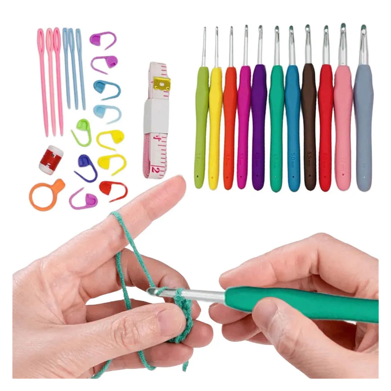 SFOIKVG Crochet Kit Kit de agujas tejer con mango, 11 Uds., Clips for coser, tijeras plástico acero inoxidable, juego ganchos ganchillo para Mujeres