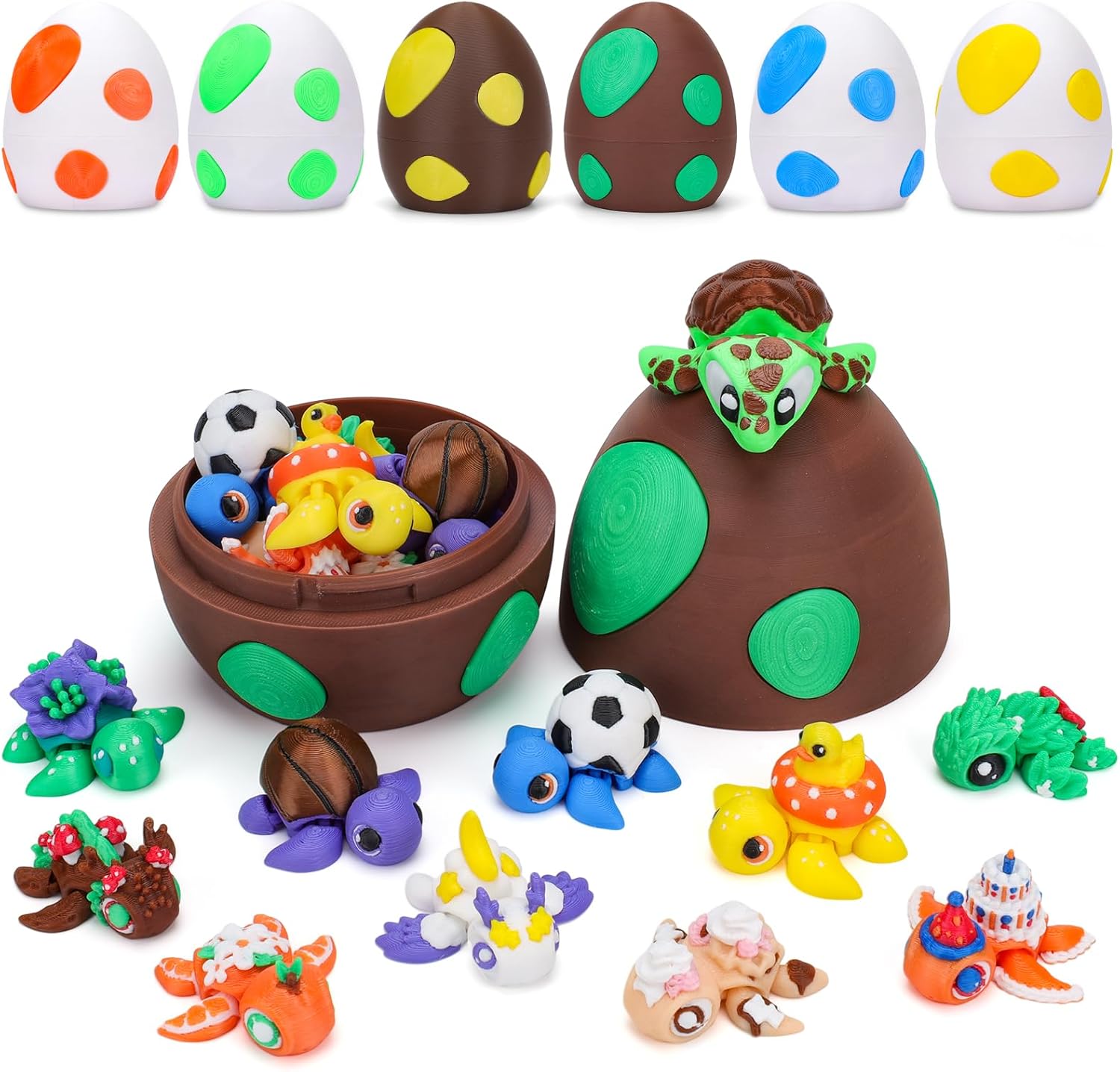 3D Printed Mini Animals with Dragon Eggs Set, 3D Printed Fidget Toys Bulk, Articulated Animals Figurines Adults Desk Decor, Pocket Pet, Easter Basket Stuffers (Sea Turtle)