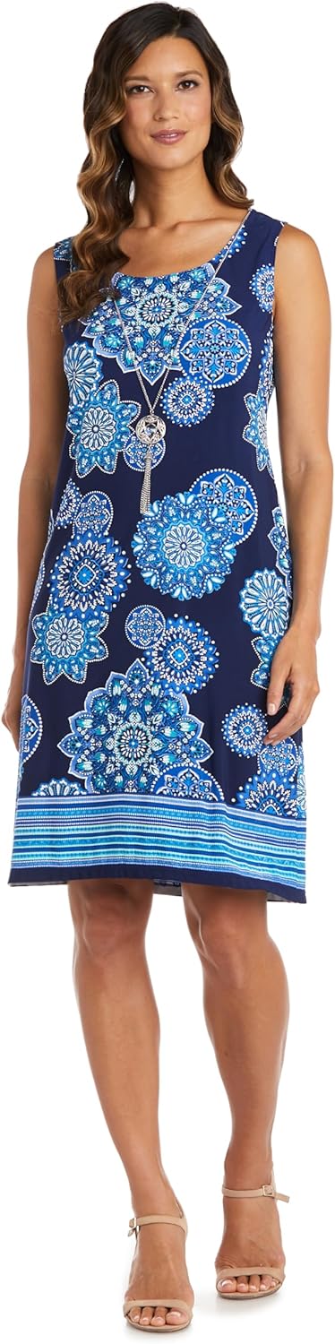 R&M Richards Women's 2-Piece Knee-Length Printed Tank Dress W/Solid 3/4 Sleeve Flyaway Jacket - Slip-On Style