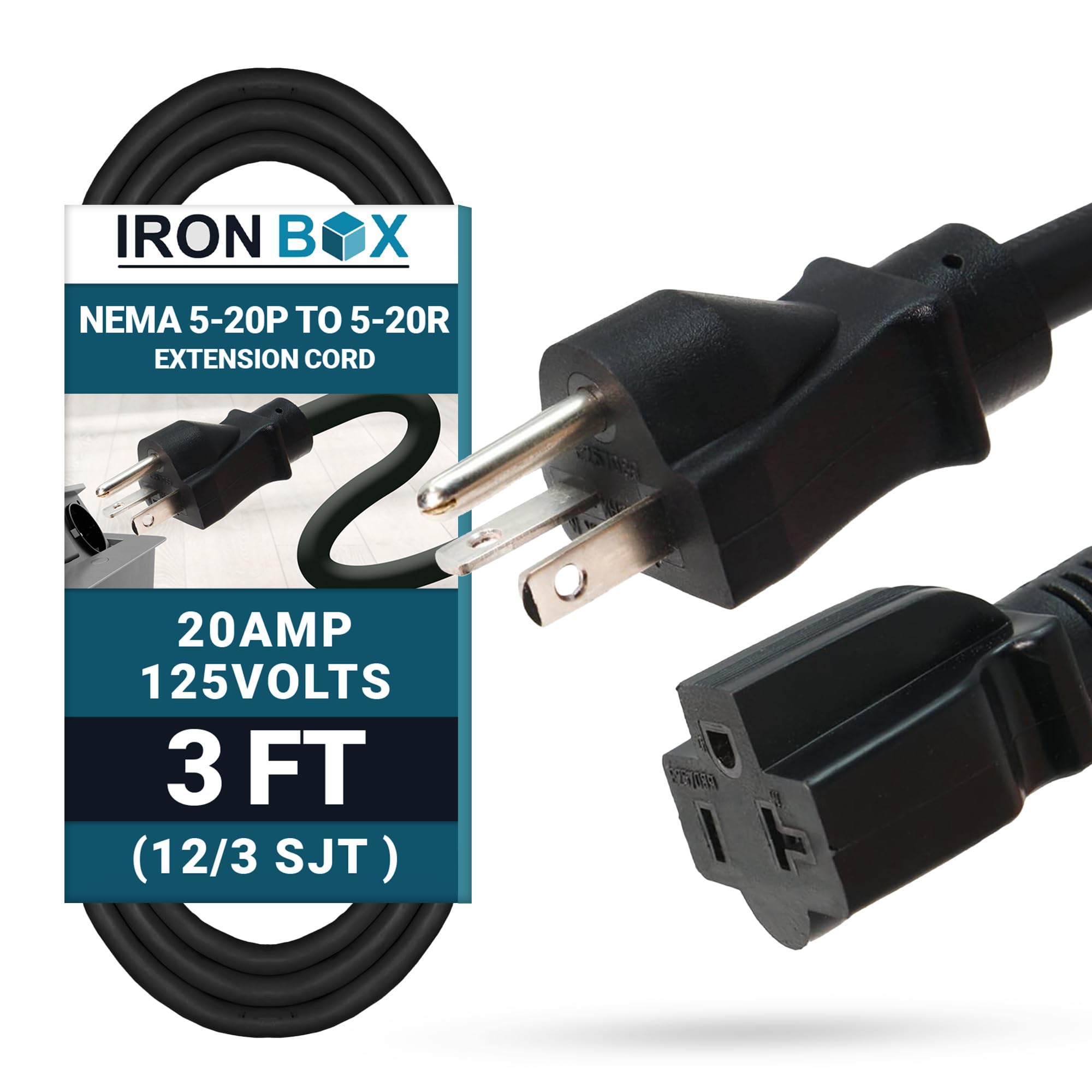 IronBox Electric NEMA 5-20P to 5-20R Extension Cord - 20A, 125V, 12/3 SJT Jacket - Heavy Duty Outdoor Generator Cords & Plugs - UL Listed Extension Cable for Data Centers, Camper & More (3ft, Molded)