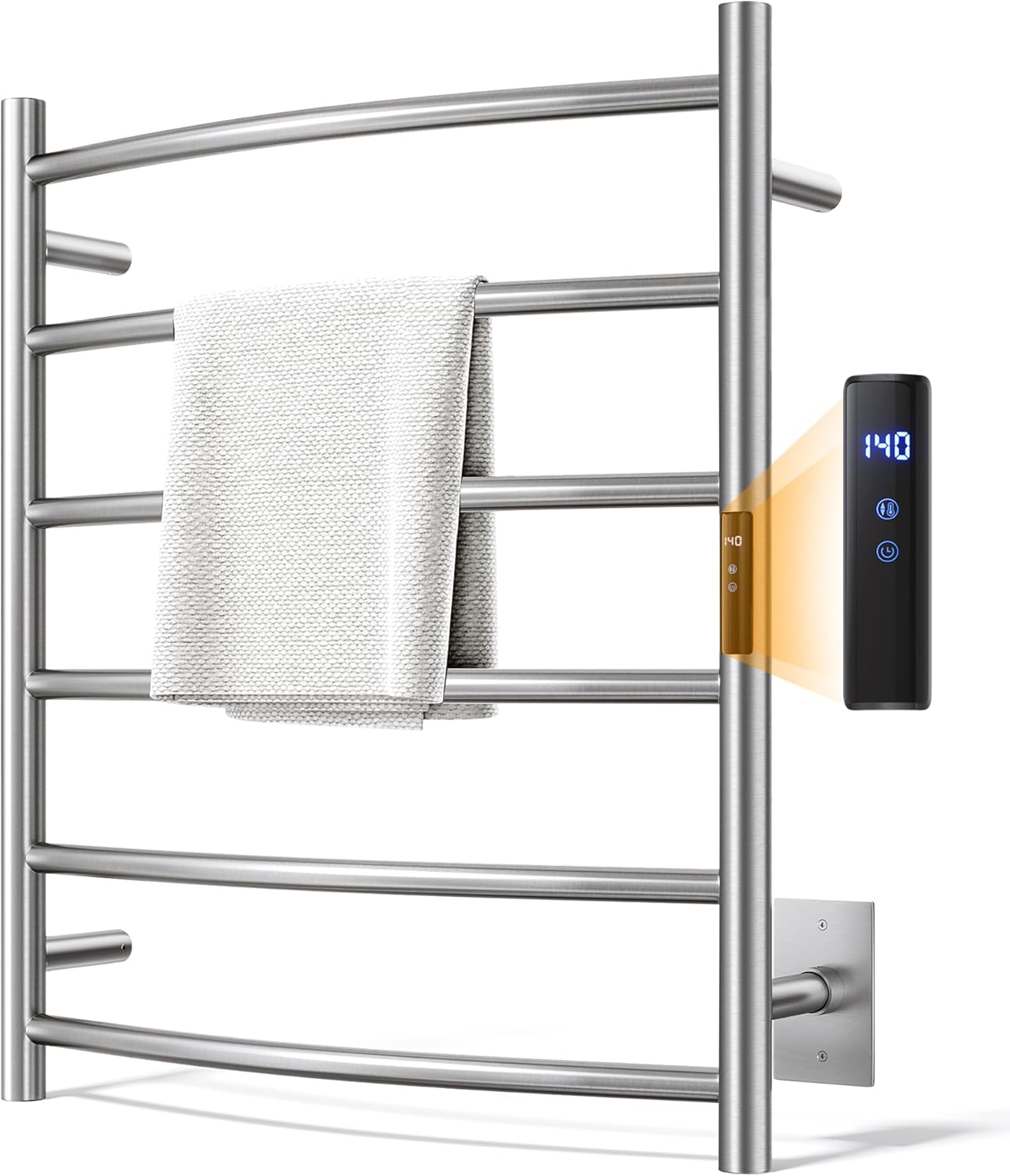 Towel Warmer Rack, Heated Towel Racks for Bathroom, Wall Mounted Towel Warmer, Stainless Steel Curved 6-Bars Drying Rack with Intelligent Touch Screen Timer, Brushed Nickel