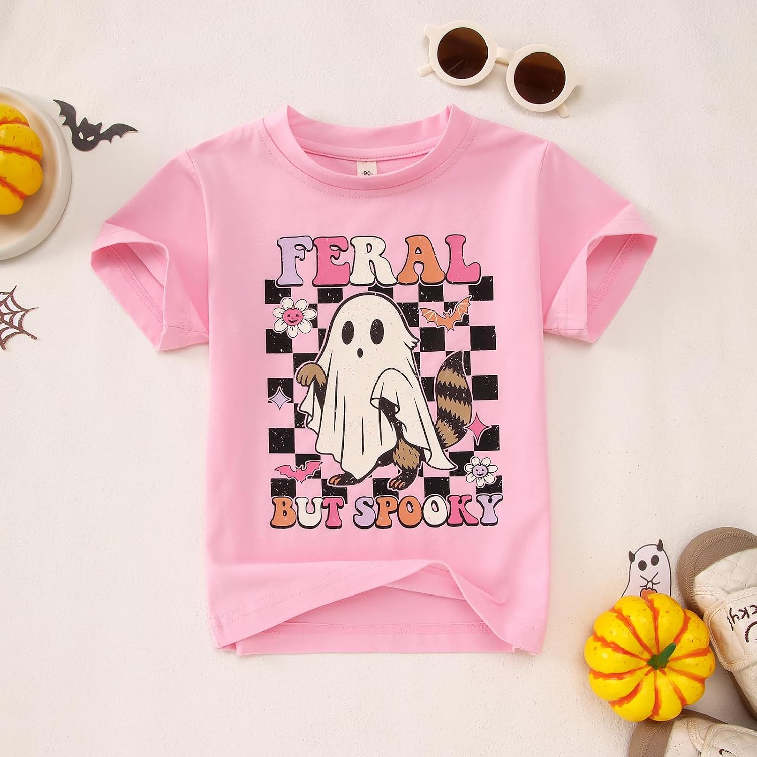 KEKEMI Toddler Baby Girl Halloween Shirt Feral But Spooky T-Shirt Ghost Spooky Season Outfit Cute Short Sleeve Tees Fall Tops