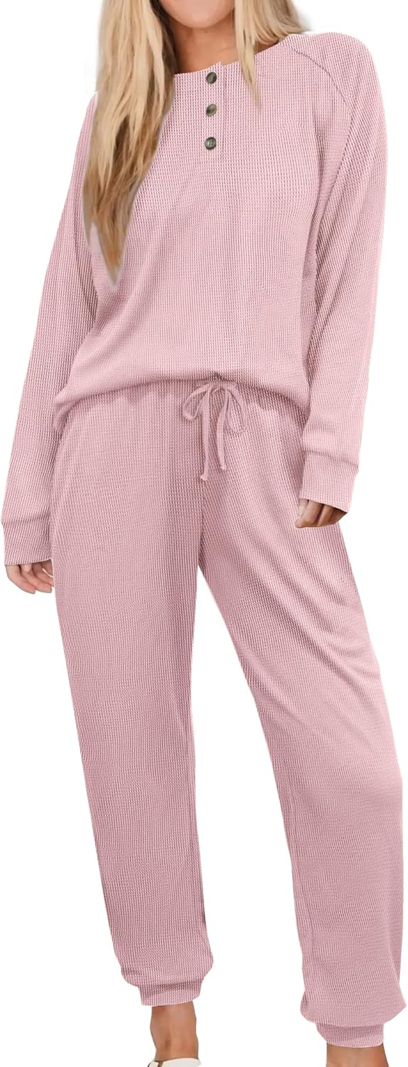 Andeip Womens Pajama Set Waffle Knit Lounge Set 2 Piece Long Sleeve Top and Pants Loungewear Pj Sets