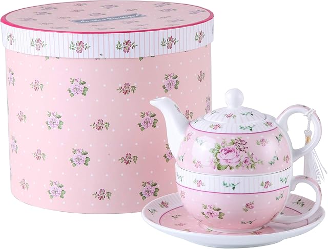 London Boutique Tea for One Teapot Tea cup Saucer Set Gifts for Women Afternoon Tea Set for 1 Vintage Rose Flora Porcelain Gift for Her (Rose Pink)
