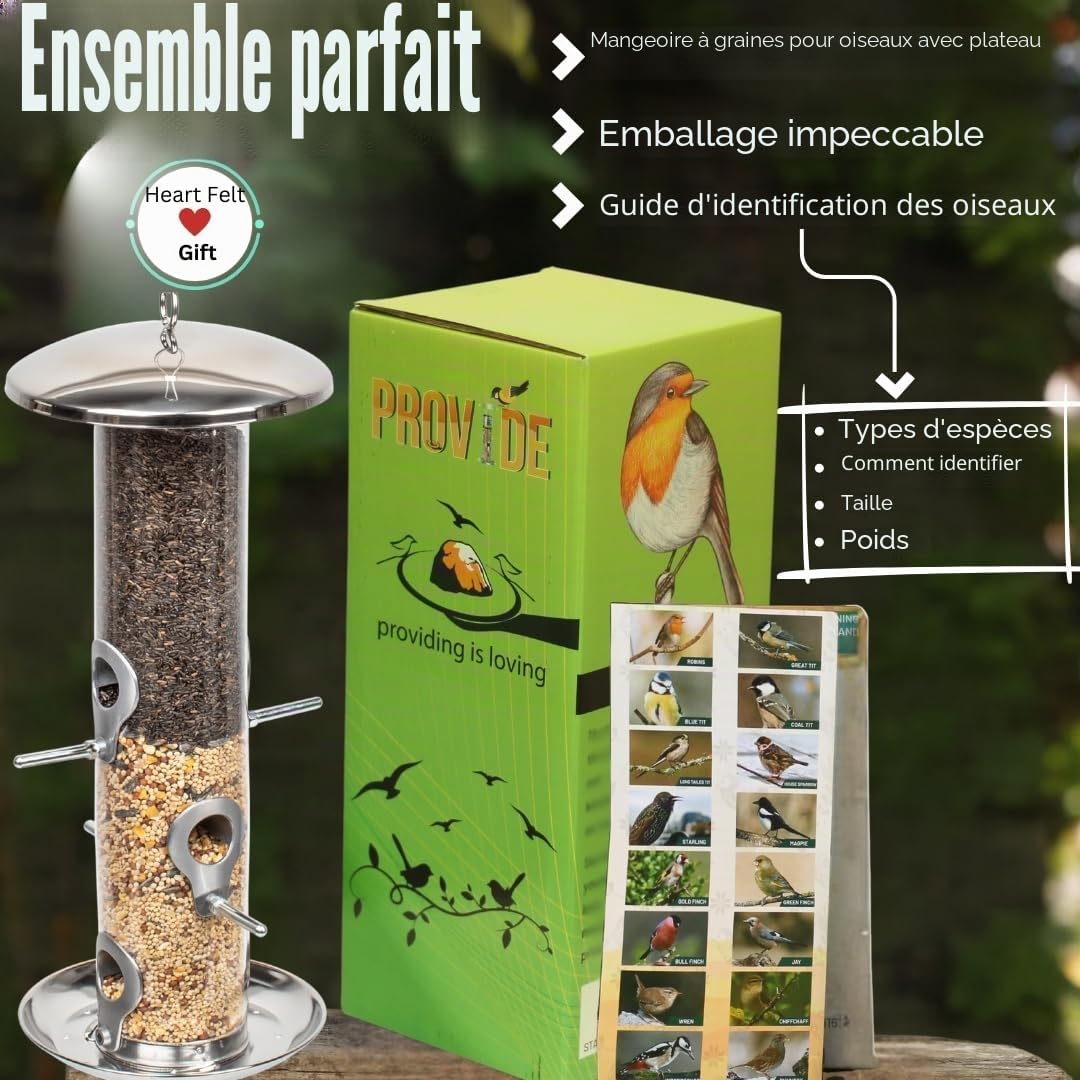 PROVIDE Grande Mangeoire à Oiseaux en Acier Inoxydable Avec Plateau - Pour Graines et Oiseaux Sauvages de Jardin - en Métal