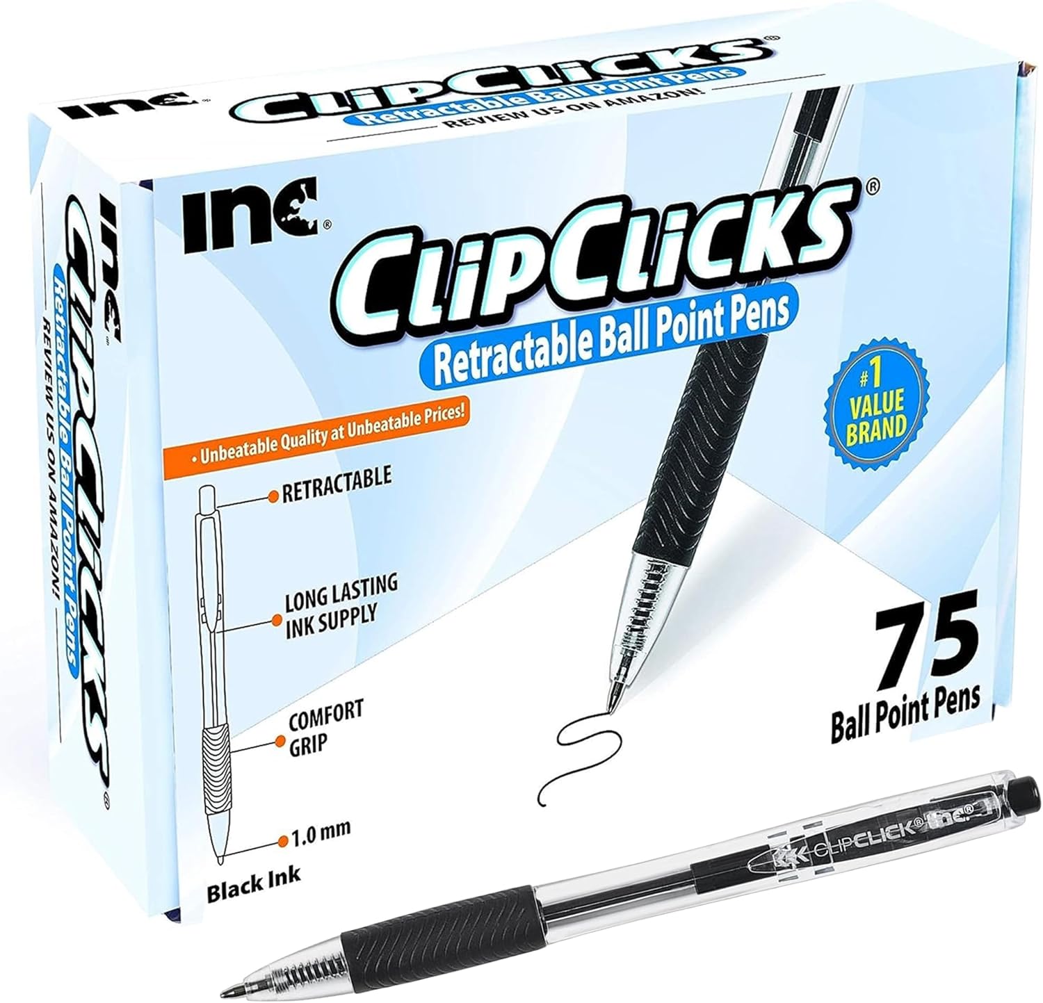 Inc. ClipClicks Retractable Ballpoint Pens – Bulk 1.0-mm Medium-Level Pen Set With Consolation Grip for Faculty, Workplace, Writing, and Journaling, 75 Rely, Black