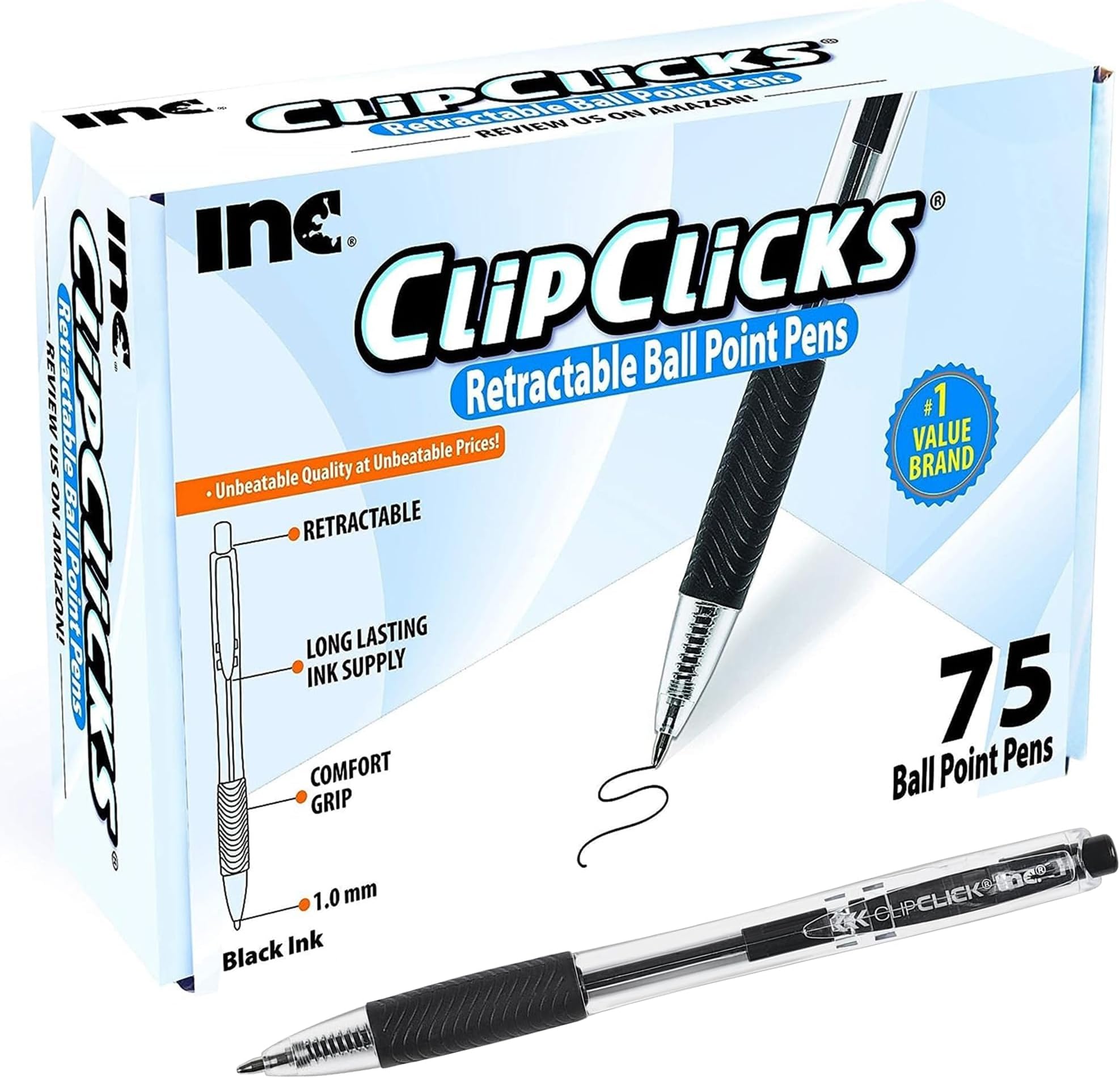 Inc. ClipClicks Retractable Ballpoint Pens - Bulk 1.0-mm Medium-Point Pen Set With Comfort Grip for School, Office, Writing, and Journaling, 75 Count, Black