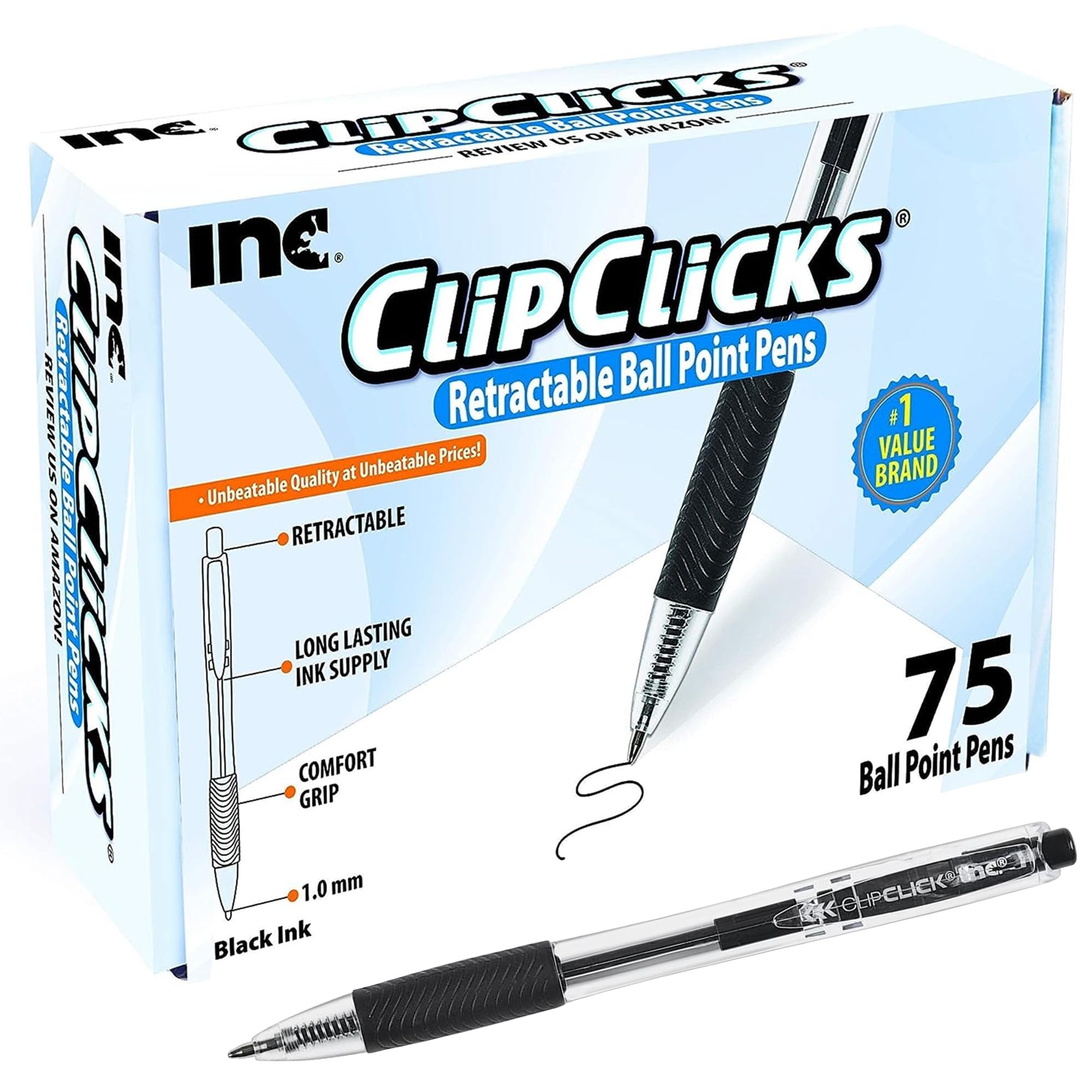 Sponsored Ad - Inc. ClipClicks Retractable Ballpoint Pens - Bulk 1.0-mm Medium-Point Pen Set With Comfort Grip for School, Office, Writing, and Journaling, 75 Count, Black