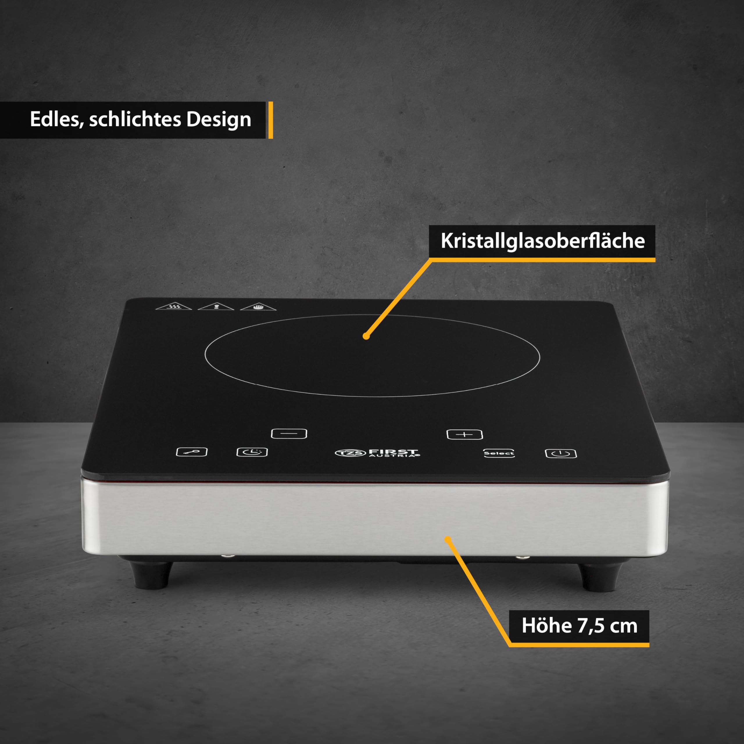 TZS First Austria Infrarot Einzelkochplatte 2000W - tragbare Glaskeramik Kochplatte mit Touch-Bedienfeld & LED Display - 175 mm - 8 Leistungsstufen - Timer, Kindersicherung, Überhitzungsschutz