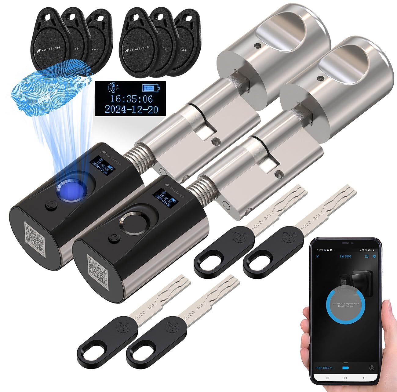 VisorTech Türöffner: 2er-Set elektronische Tür-Schließzylinder, Fingerabdruck, Transponder (Fingerabdruck Tuerschloss, Türschloss Haustür, RFID)