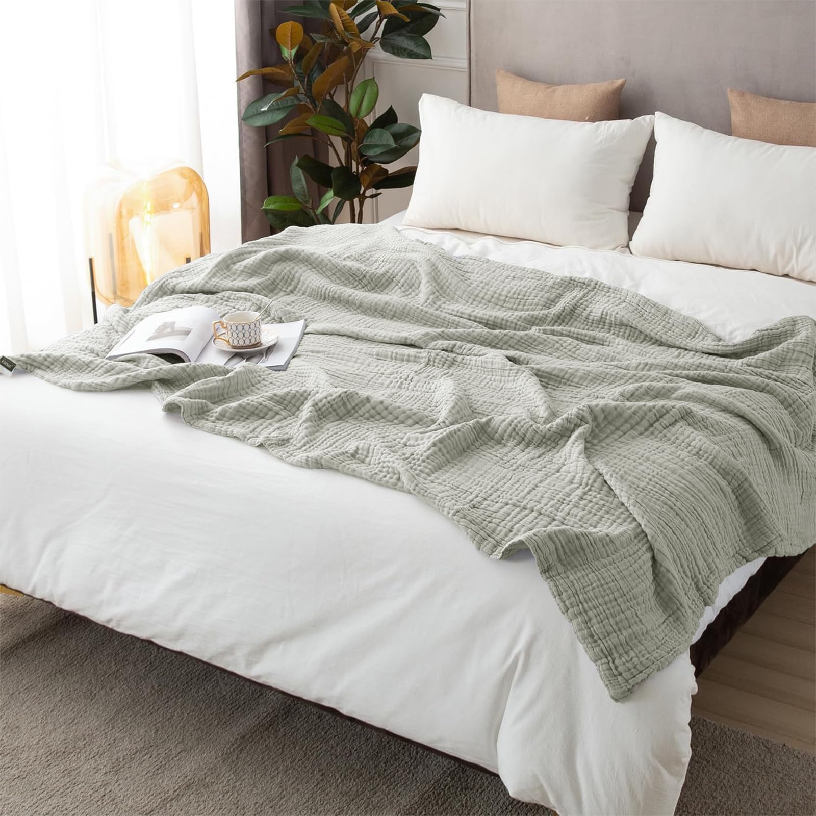 Couverture Gaze de Coton, 150 x 200 cm Plaid Coton Canapé, Couvertures 100 % Coton, Usage 4 Saisons, couvertures en Mousseline pour Adulte, Couverture Été pour Lit, Canapé, Jeté de Lit (Gris Clair)