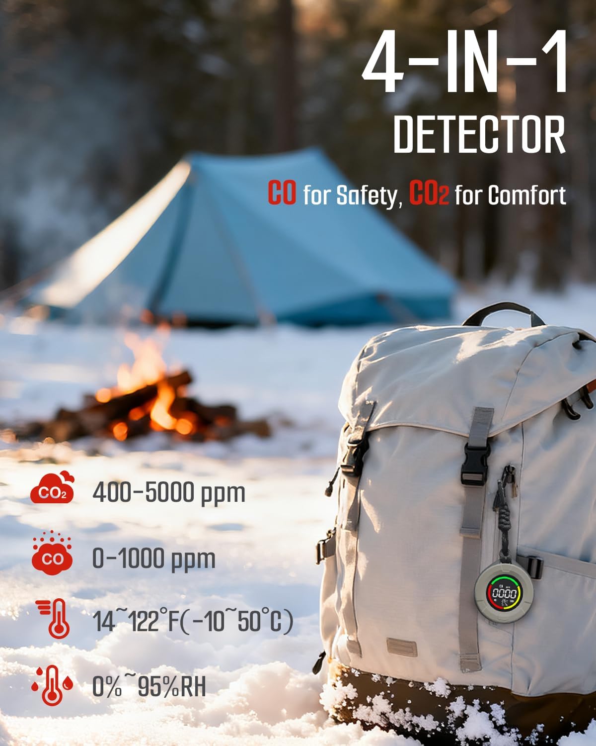 DS-100PRO Portable CO & CO2 Detector for Travel, 4-in-1 Magnetic Carbon Monoxide and Carbon Dioxide Detector, Audible & Visual Alarm, 3-Day Standby, CO & CO2 Monitor for Home, Tent, RV - Image 2
