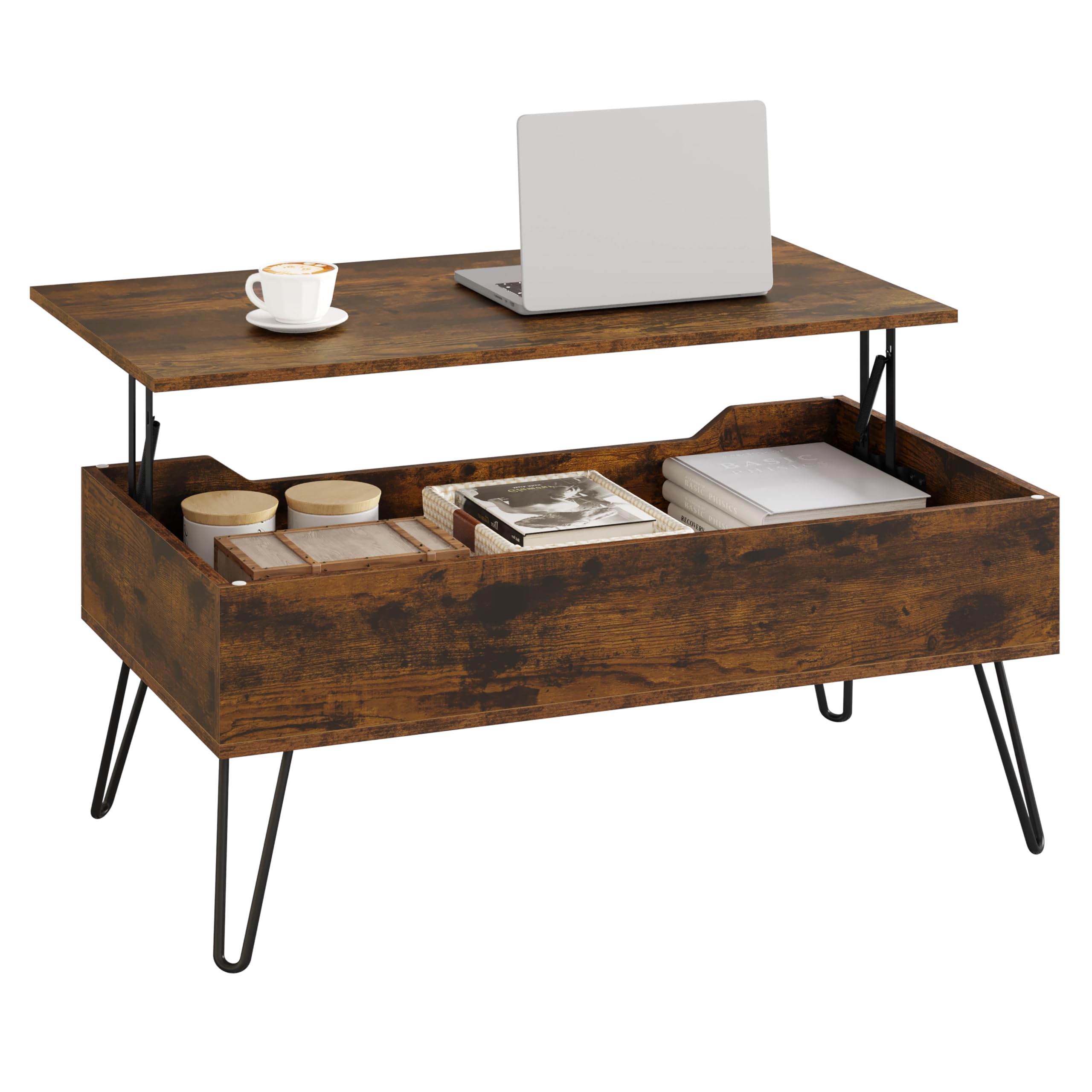 WOLTU Tavolino da Salotto, Tavolino da caffè Sollevabile, con Scomparto Nascosto, Stile Industriale, 95x50x(40-55,5) cm, Marrone Rustico + Nero