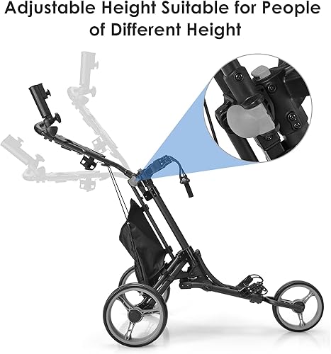 Miniatura 2 de GYMAX Carrito de golf, 3 ruedas de aluminio plegable de altura ajustable con soporte para paraguas y bolsa impermeable, portátil, ligero, de