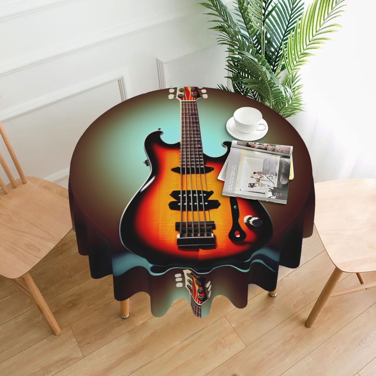 Nbtghga Guitar Bass Music Musical Instrument Print Tablecloth Round Border Table Cloth Cover Decorative For Party Holiday Dinning Tabletop Home