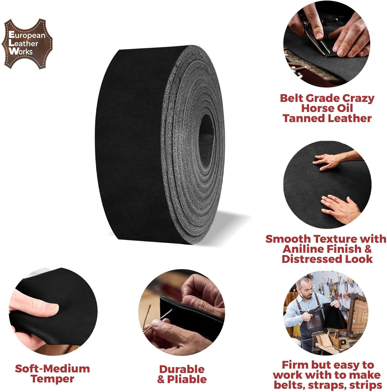 ELW 5-6 oz (2-2.4mm) Black Straps, Belts, Strips 2.75" Wide X 72" Length (6.9cm x 1.83m) Full Grain Leather Crazy Horse Belt Medium DIY Craft, Pet Collars, Blanks, Accessory, Jewelry, Wrapping