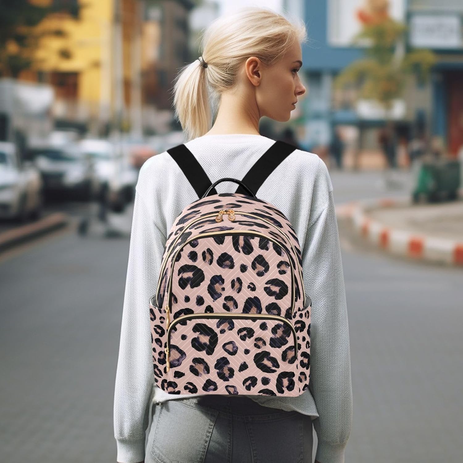 senya Pink Black Leopard Women Backpack Purse Travel Daypack Shoulder Bag - Image 7