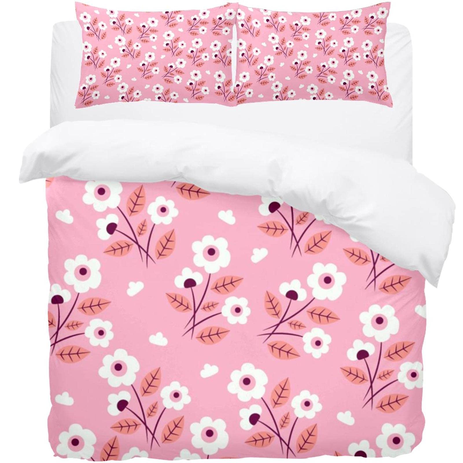 Parure de lit florale rose : housse de couette douce et taies assorties