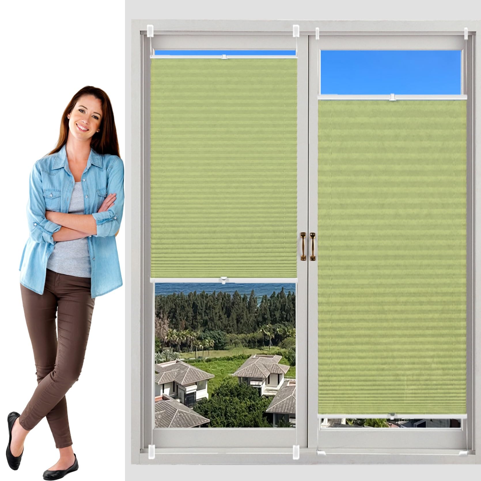 Stick on Blinds for Windows with Clips 80 x 230 cm (W x H), Self-Adhesive Non-Woven, Crumpled Effect, Temporary Blinds Window Blinds, Vertical Pleated Blinds, for Window Door, Tender Green