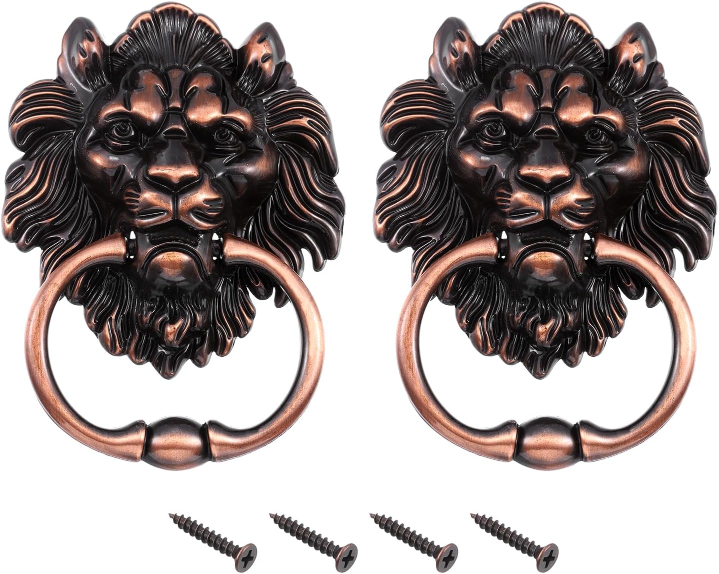 uxcell 2 Pcs Lion Head Pulls Knob, 6 Inch Zinc Alloy Vintage Lion Door Handle Decorative Front Door Knob Ring Pull Handle for Gate Cabinets Drawers, Copper