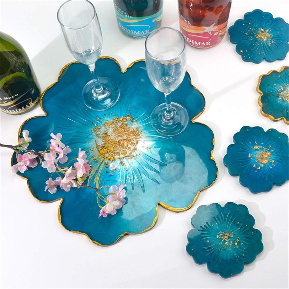 Remanbo Flower Tray and Coaster Molds Flower Shape Epoxy Resin Casting Molds, 1pcs Large Resin Tray Mold and 5pcs Coaster Molds