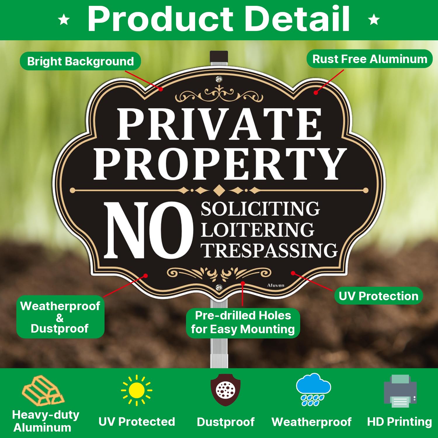Warnschild 'Private Property No Trespassing' – 25,4x25,4 Cm, Reflektierend, Mit Metallpfahl Für Garten & Hof