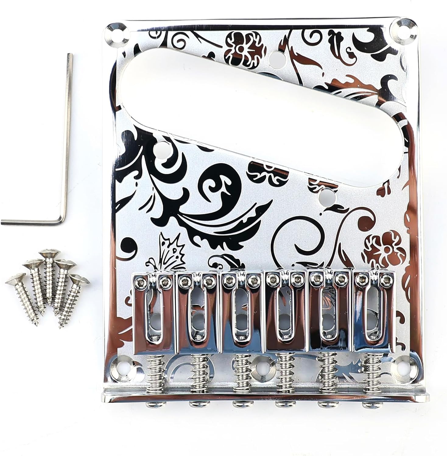 10.5mm Engraved Stainless Steel Fixed Electric Guitar Bridge Single Pickup Hole 6-string Guitar hardtail Bridge for Telecaster Tele TL Style Electric Guitar Replacement Parts (Chrome)