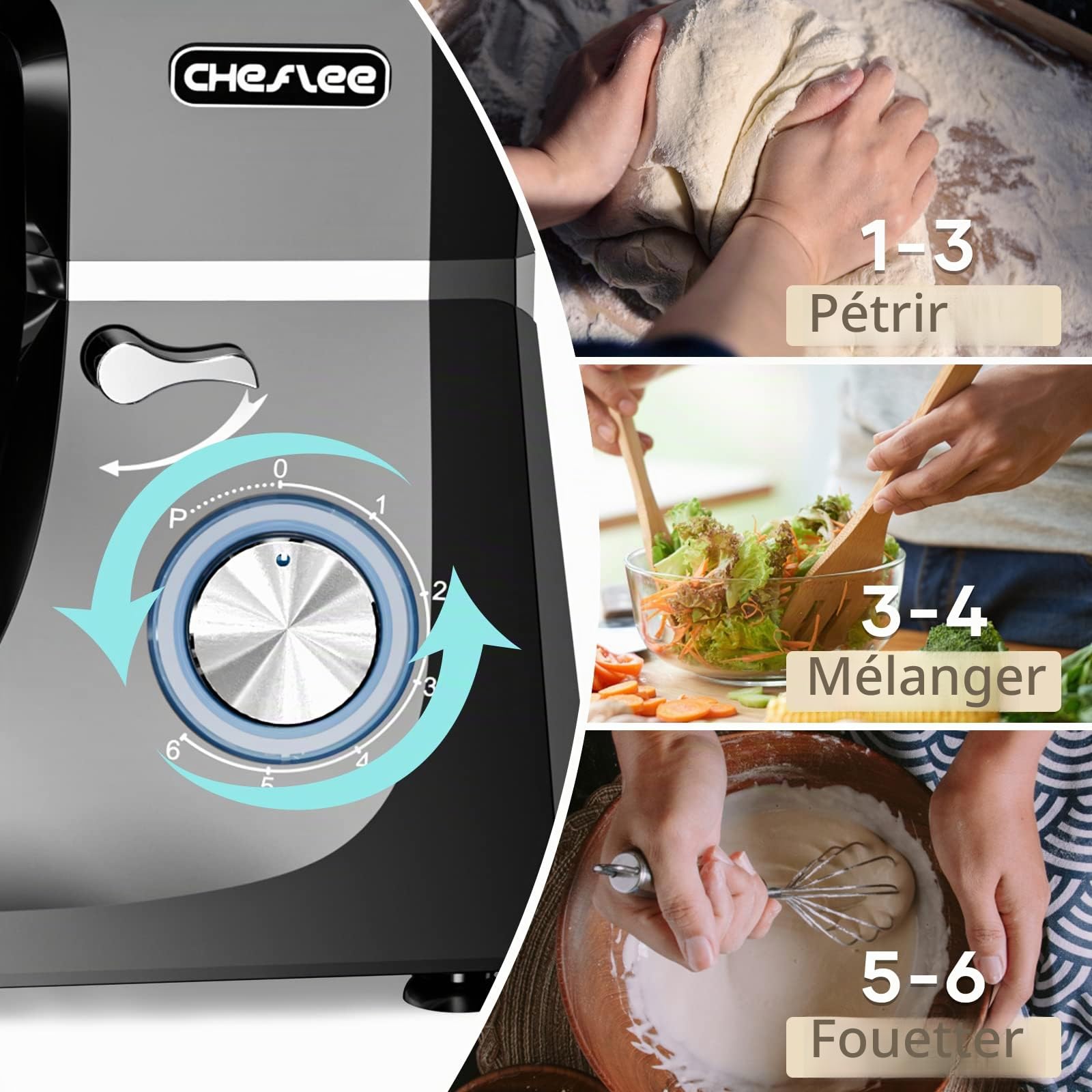 CHeflee Robot Pâtissier 2000W Robot de Cuisine 8 L Bol d'Acier Inoxydable,6 Vitesses avec Fonction Pulse avec Fouet Crochet Pétrisseur et Batteur,Housse anti-Poussière