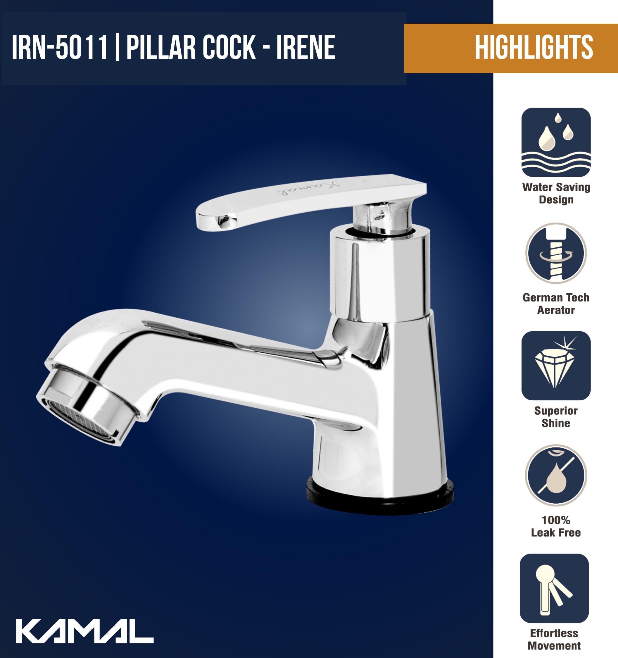Kamal Irene Brass Bathroom Tap - Chrome Finish -6