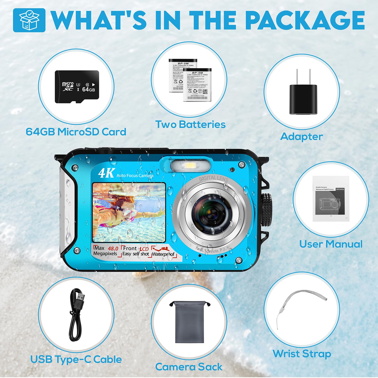 Cámara Acuática 4K 48 MP con Tarjeta de Memoria 64 GB, Enfoque Automático, Pantallas Duales Selfie HD, Sumergible 3 Metros para Bucear (2 Baterías)