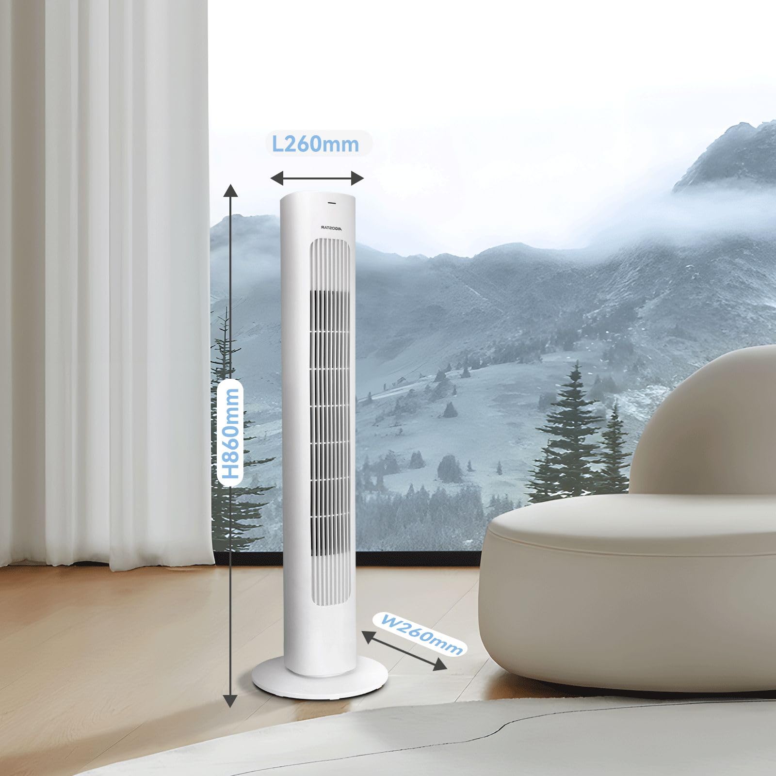 Aigostar Robert - Ventilatore a Torre con Telecomando e 3 Velocità e 3 Modalità di Vento, Ventilatore Senza Pale, Timer, 50W, Oscillazione a 70°, Display LED, Adatto per Casa e Ufficio, Bianco