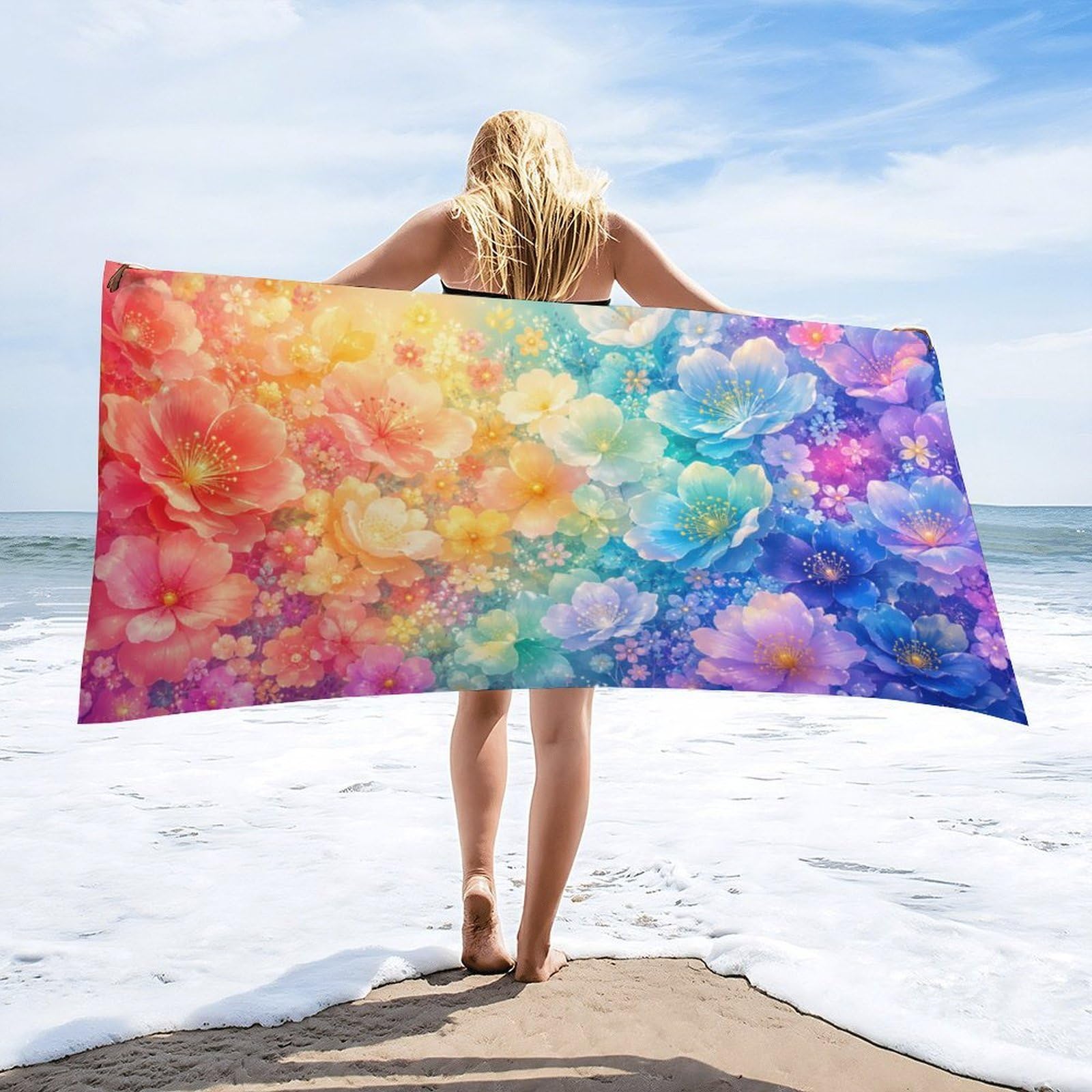 Anceky Colorful Floral Beach Towel 32"×63",Soft Microfiber Bath Towel Shawl, Quick Dry Absorbent Pool Spa Gym Shower Towel